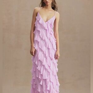 BHLDN Jia Bias-cut Ruffled V-neck Gown in Lilac